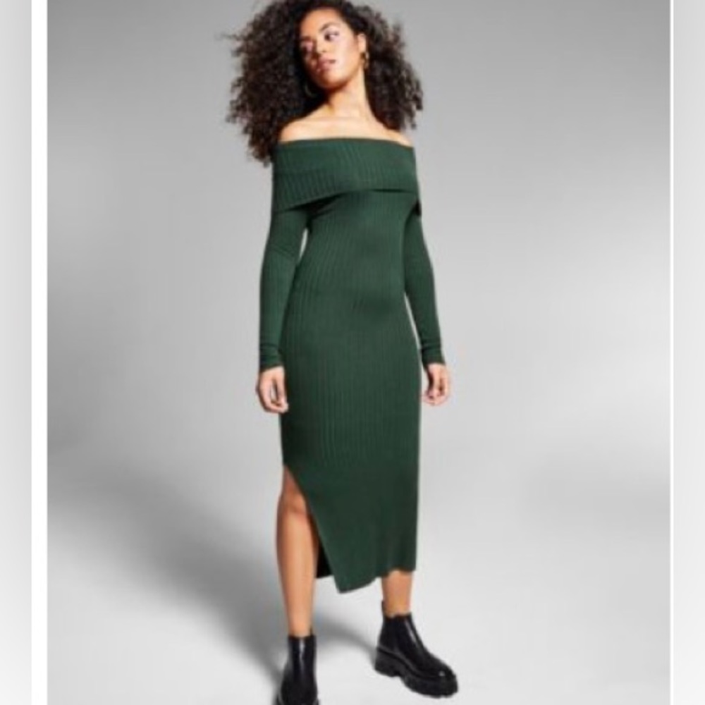 Off shoulder, warm sweater dress.